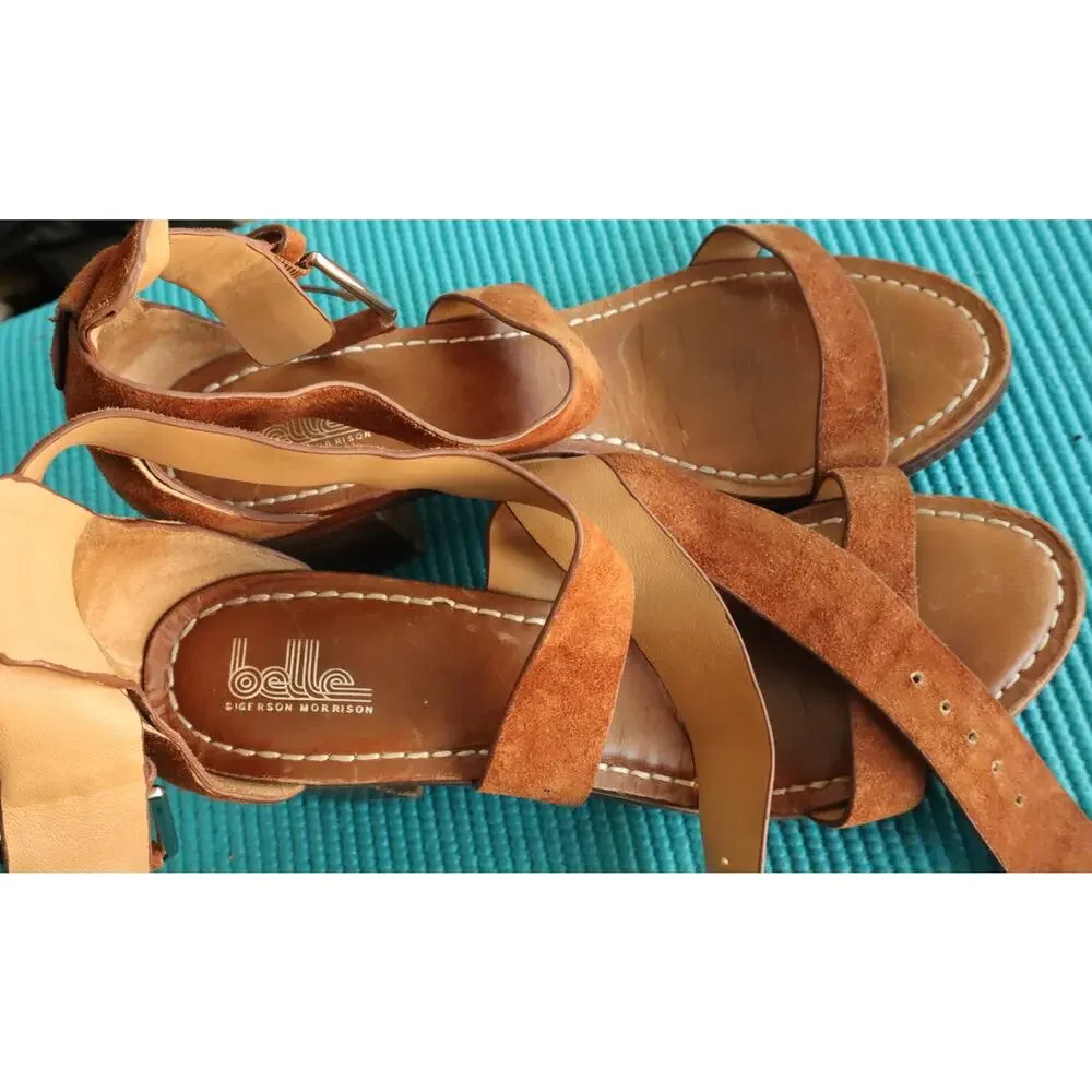 Belle Sigerson Morrison Tan Cognac Brown Suede Block Heel Sandal 8.5 B Boho Clog
